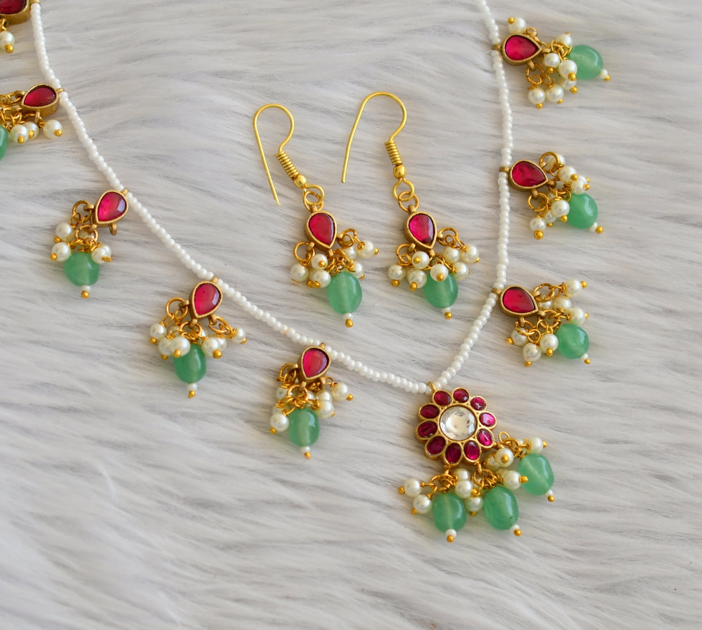 Gold tone pink-green-white pearl green beaded flower kundan jadau necklace set dj-45267