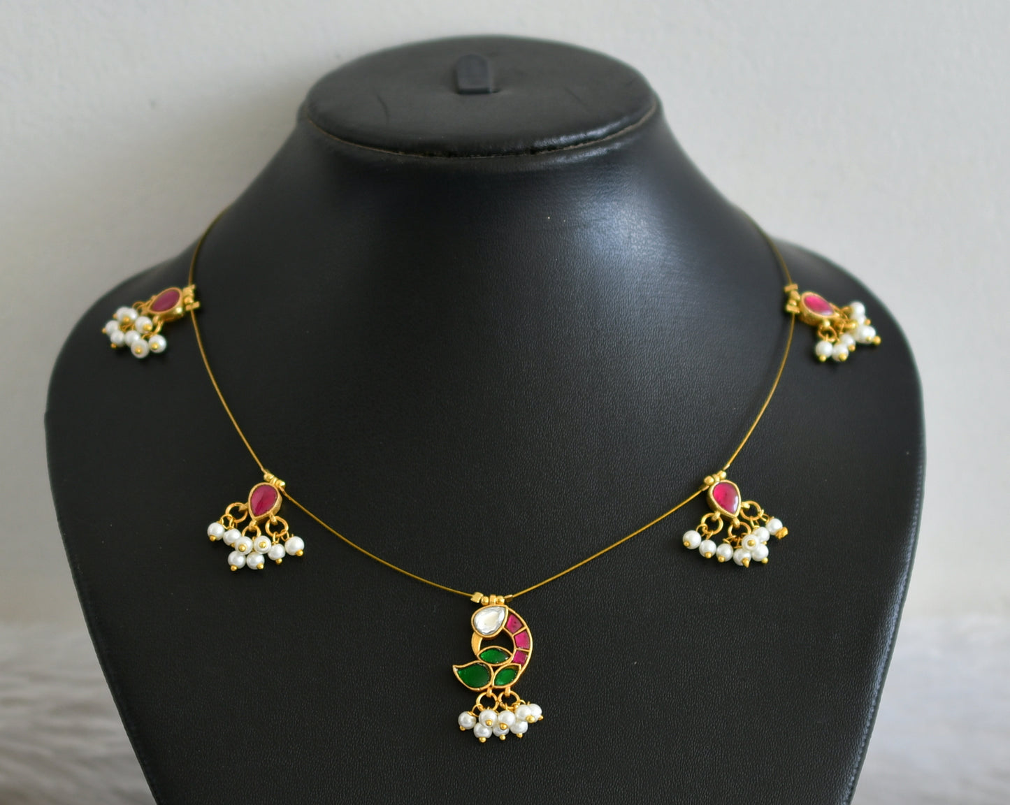 Gold tone pink-green-white kundan jadau  pearl cluster peacock invisible necklace dj-48718