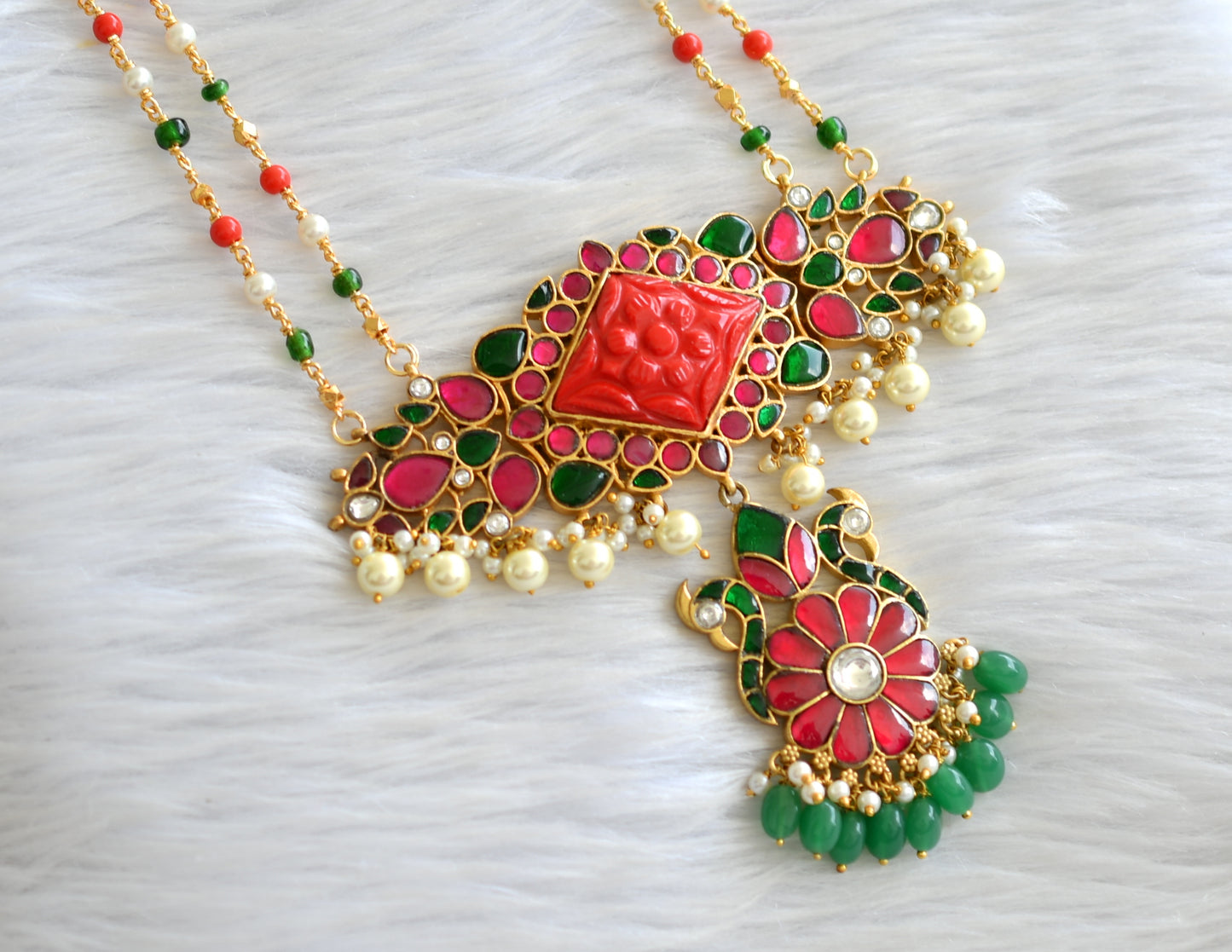 Gold tone pink-green-white kundan jadau peacock haar dj-43636