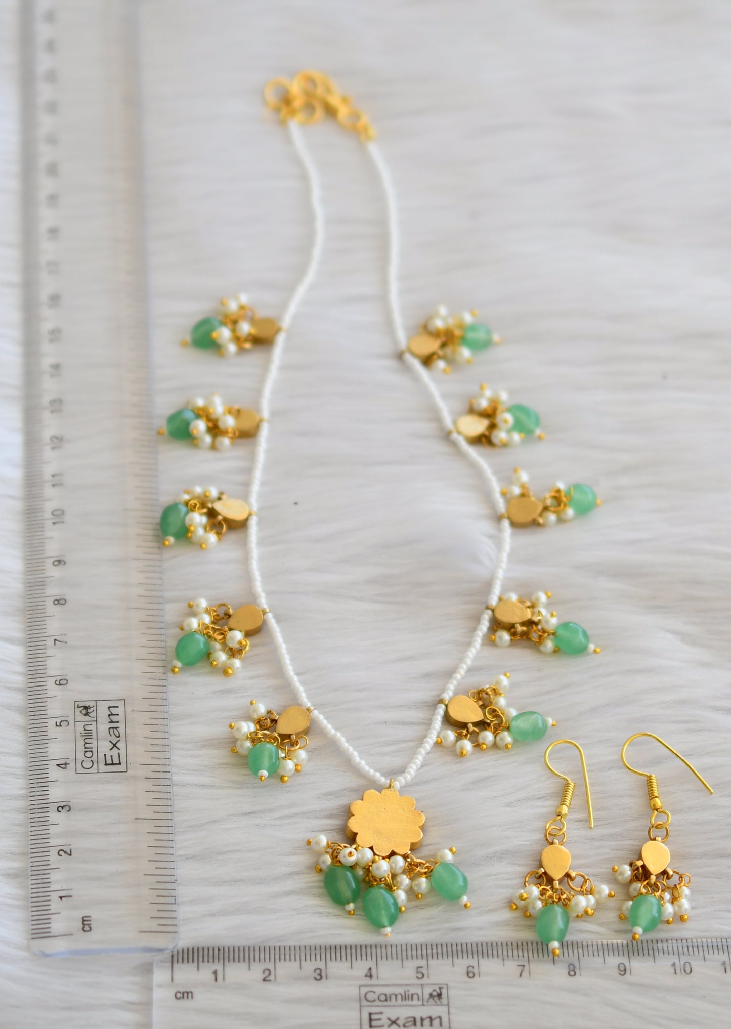 Gold tone pink-green-white pearl green beaded flower kundan jadau necklace set dj-45267