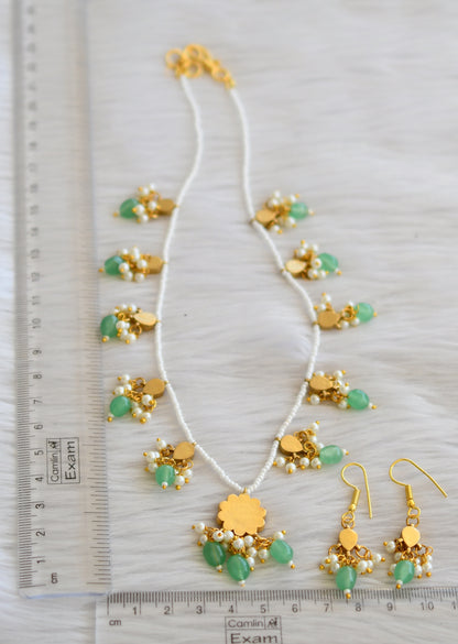 Gold tone pink-green-white pearl green beaded flower kundan jadau necklace set dj-45267