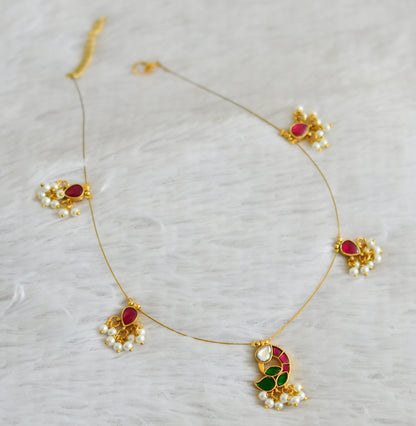 Gold tone pink-green-white kundan jadau  pearl cluster peacock invisible necklace dj-48718