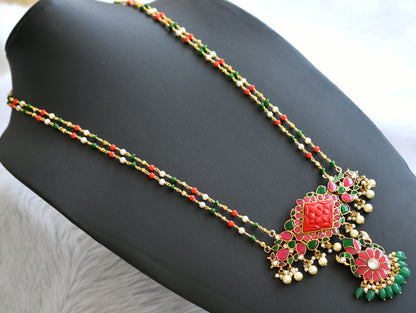 Gold tone pink-green-white kundan jadau peacock haar dj-43636