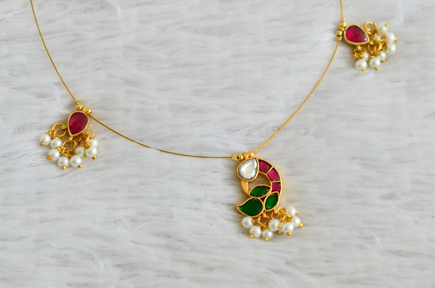 Gold tone pink-green-white kundan jadau  pearl cluster peacock invisible necklace dj-48718