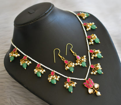 Gold tone pink-white pearl green beaded lotus kundan jadau necklace set dj-45268