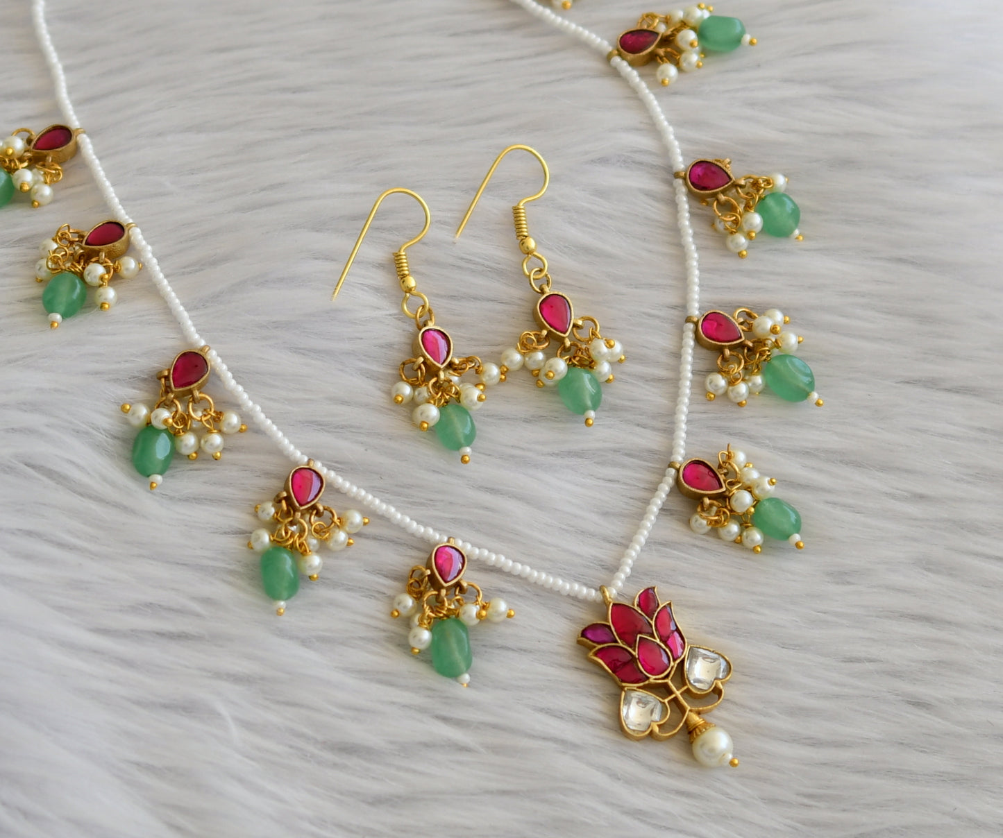 Gold tone pink-white pearl green beaded lotus kundan jadau necklace set dj-45268