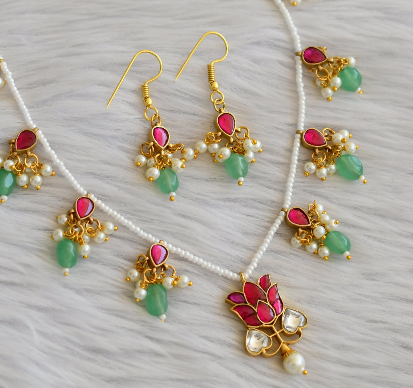 Gold tone pink-white pearl green beaded lotus kundan jadau necklace set dj-45268