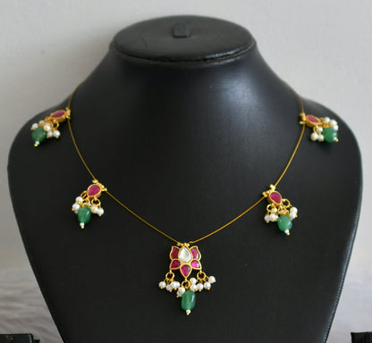 Gold tone pink-white kundan jadau green beaded lotus invisible necklace dj-48720