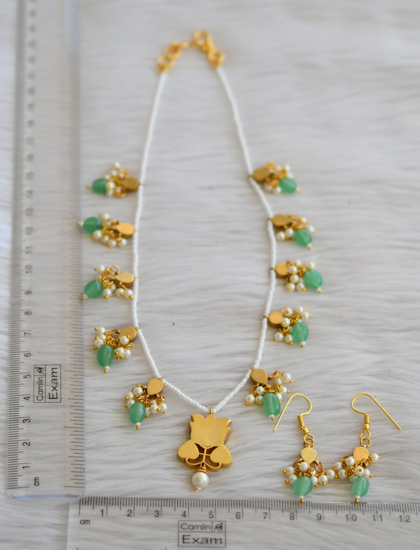 Gold tone pink-white pearl green beaded lotus kundan jadau necklace set dj-45268