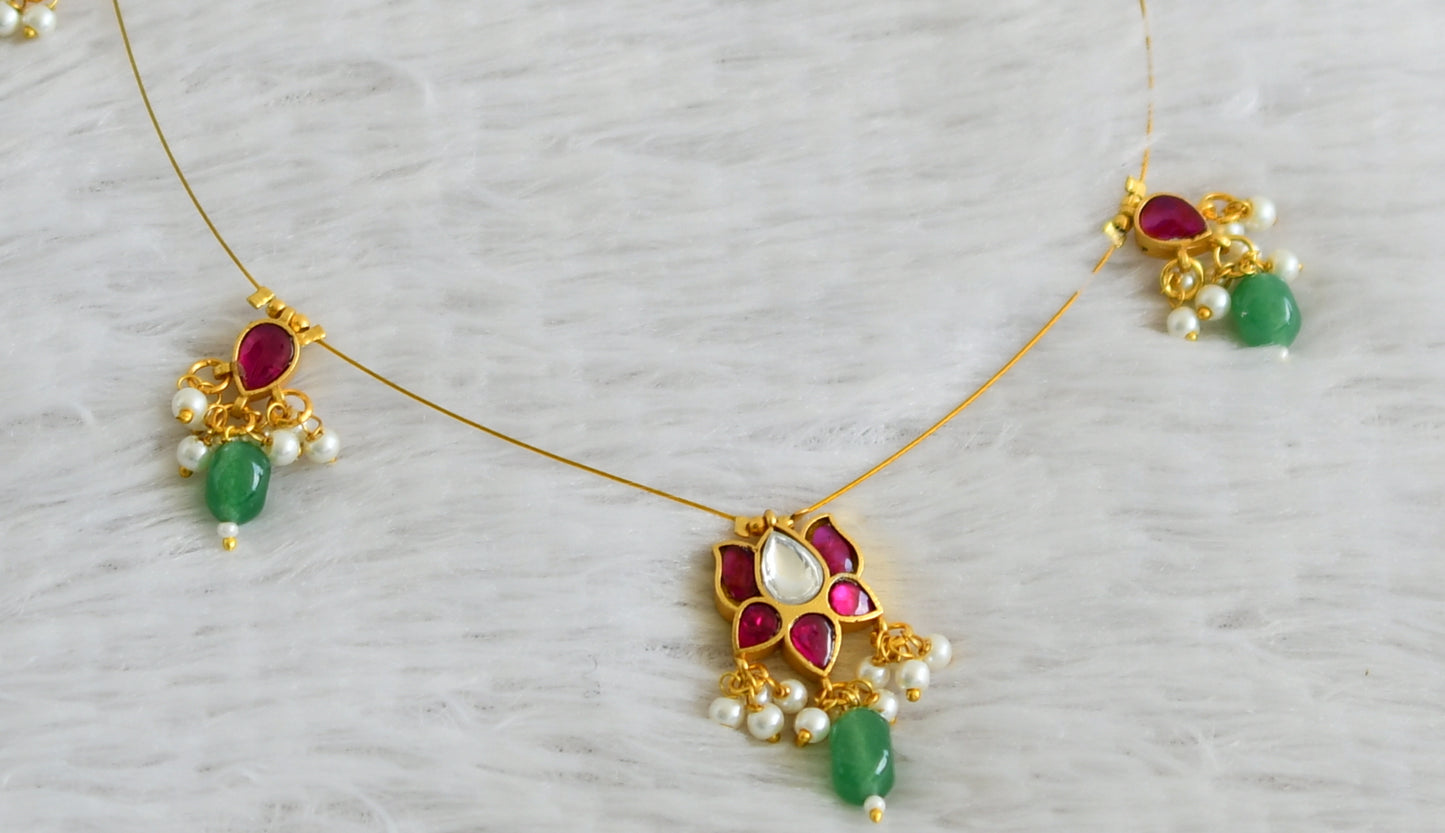 Gold tone pink-white kundan jadau green beaded lotus invisible necklace dj-48720