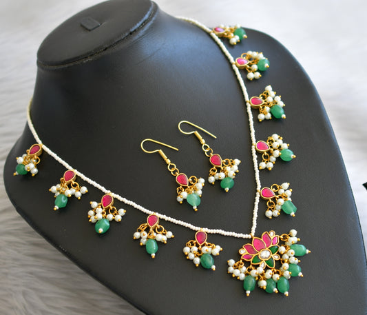 Gold tone pink-green-white pearl green beaded lotus kundan jadau necklace set dj-45269