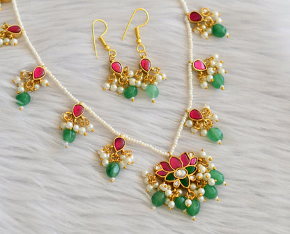 Gold tone pink-green-white pearl green beaded lotus kundan jadau necklace set dj-45269