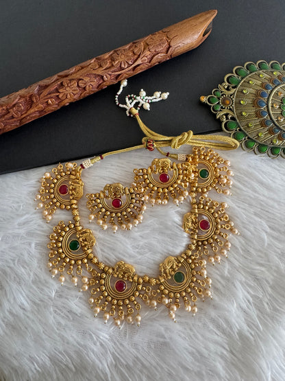 Antique gold pearl Elephant round ruby-green stone necklace set dj-52097