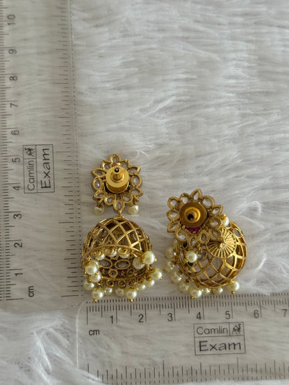 Matte finish ruby-green-white pearl block stone jhumkka dj-52102