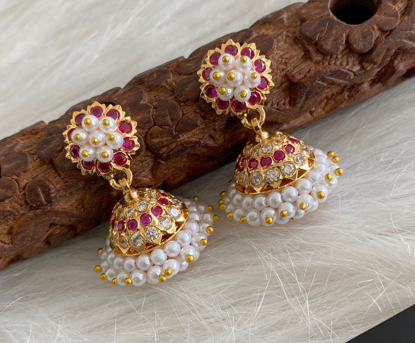 Gold tone ruby-white stone pearl cluster south Indian style jhumkka dj-41761