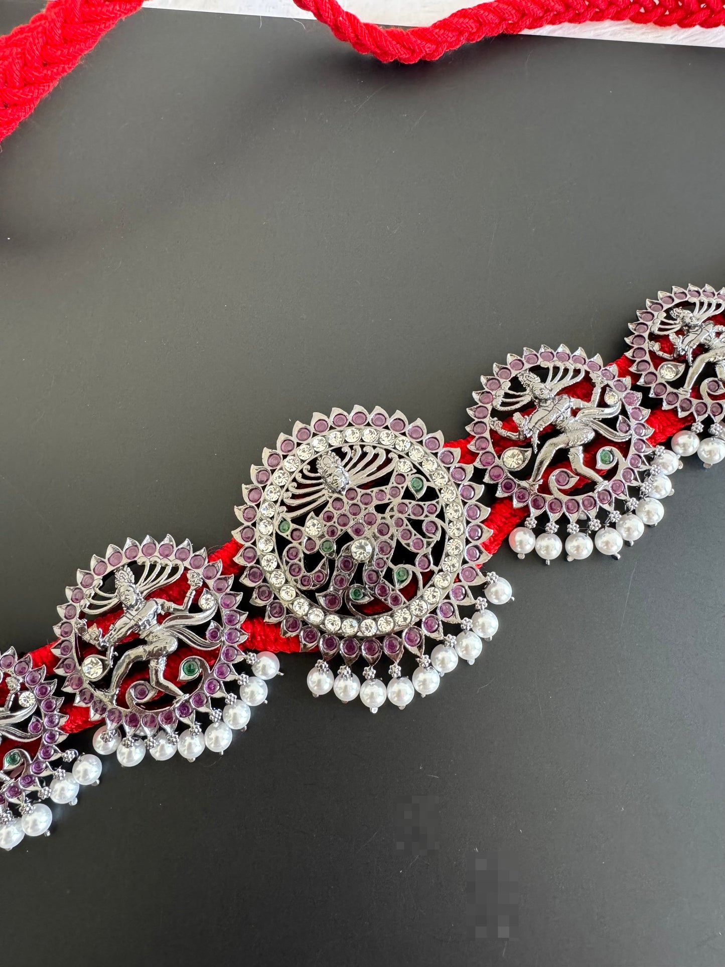 Black finish precious kemp-green-white pearl natarajar waist band dj-50861