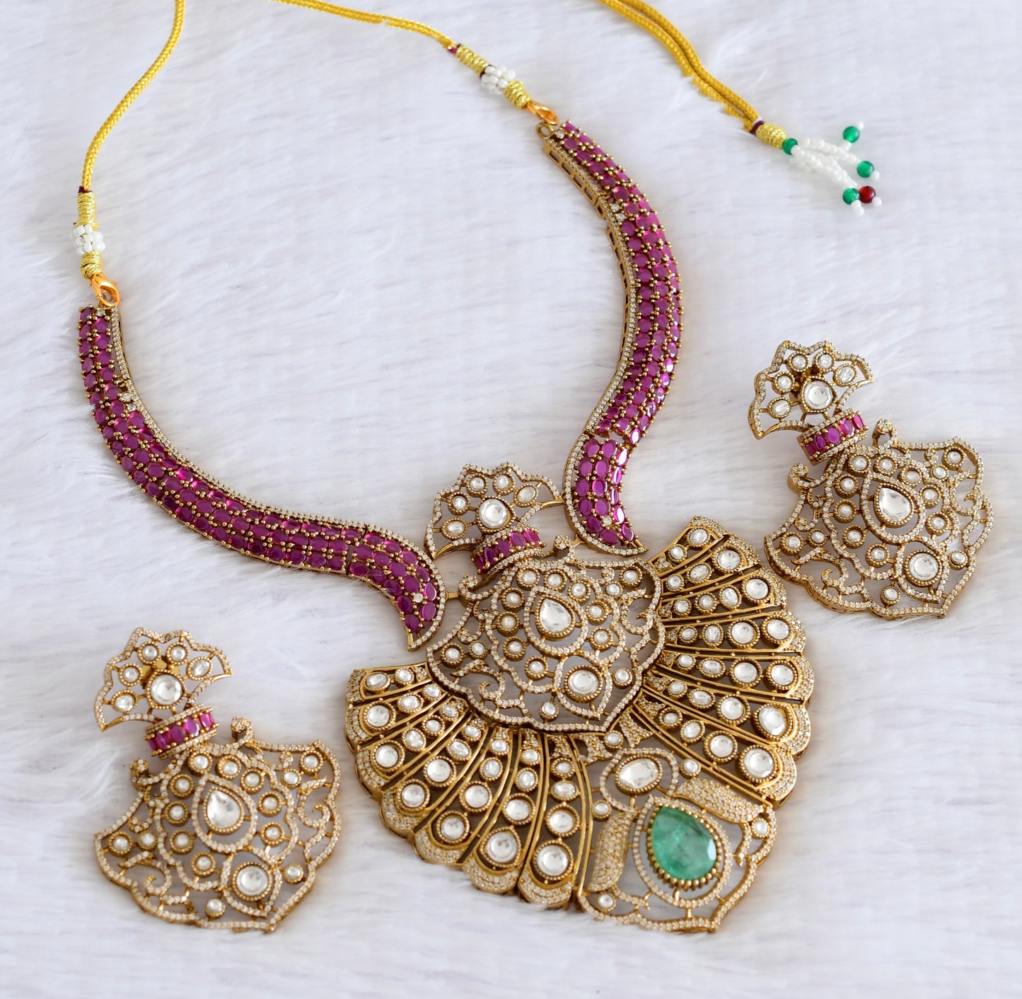 Antique gold tone ruby kundan necklace set dj-53024