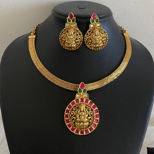 Antique gold tone pink-green-white jadau lakshmi pendant necklace set dj-54768