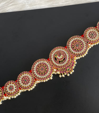 Gold tone precious kemp-green-white pearl peacock flower round waist band dj-54736