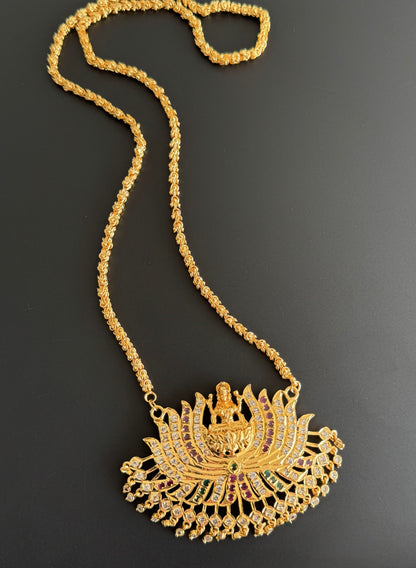 Gold tone ruby-white-green stone Lakshmi Lotus pendant with chain dj-38640
