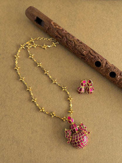 Matte finish pink kundan jadau peacock kalash necklace set dj-51538