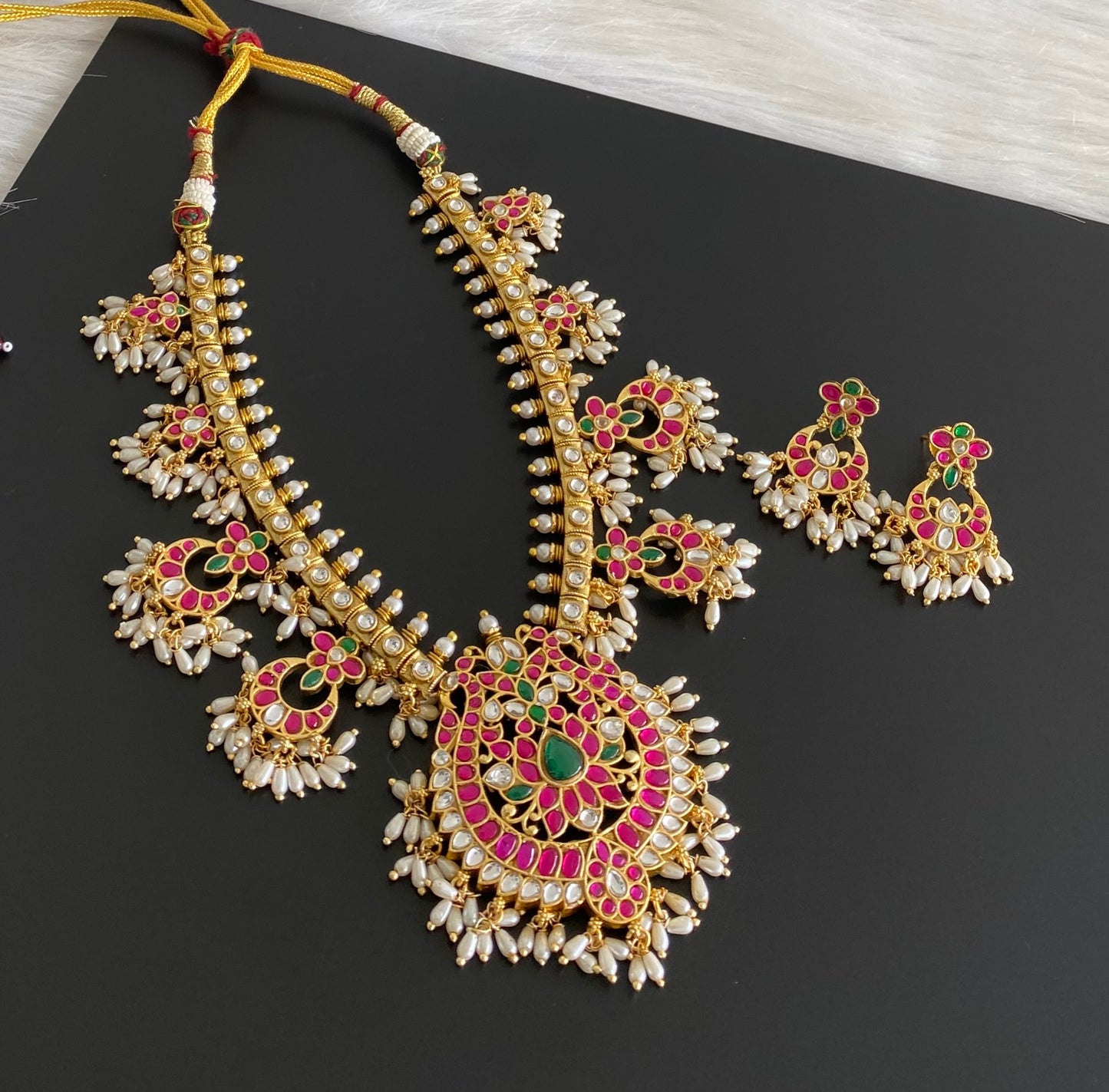 Antique gold tone peacock kundan jadau rice pearl necklace set dj-54153