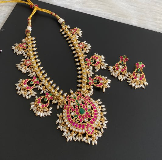 Antique gold tone peacock kundan jadau rice pearl necklace set dj-54153