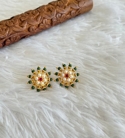 Gold tone pink-green-pearl round beaded stud/earrings dj-51598