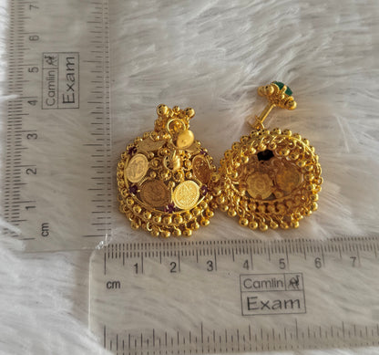 Gold tone green-pink lakshmi coin jhumkka dj-51482
