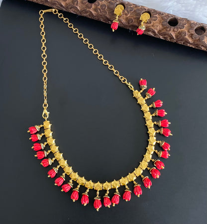 Antique gold tone red tulip beaded necklace set dj-54190