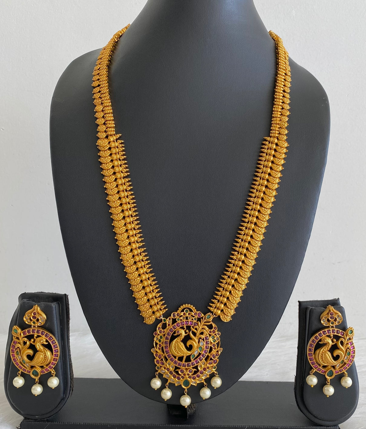 Matte finish kemp-green pearl peacock lakshmi coin haar set dj-54998