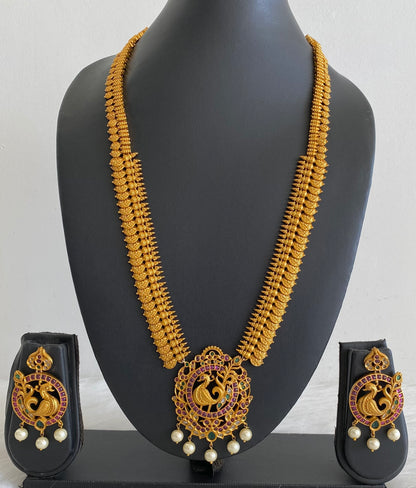 Matte finish kemp-green pearl peacock lakshmi coin haar set dj-54998