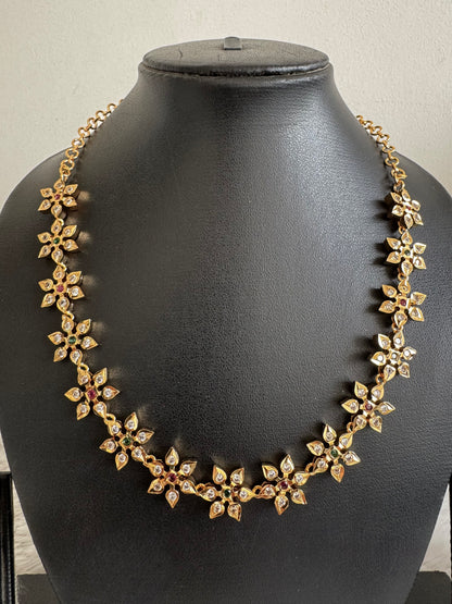 Gold tone ad pink-green white stone flower necklace dj-52628