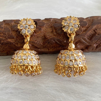 Gold tone south indian style AD white jhumkka dj-53864