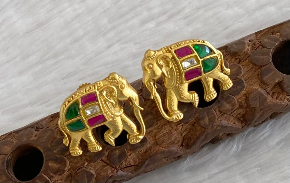 Gold tone pink-green-white kundan jadau elephant earrings dj-53535