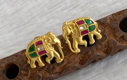 Gold tone pink-green-white kundan jadau elephant earrings dj-53535