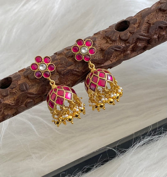 Gold tone pink-white stone kundan jadau jhumkka with golden beads dj-54582