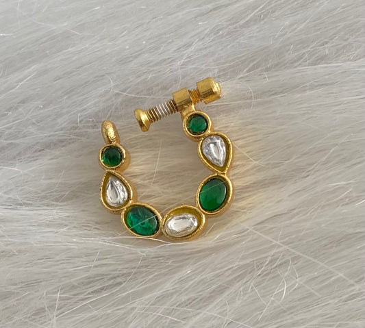 Gold tone kundan jadau green-white stone nose pin dj-53728