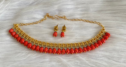 Antique gold tone red tulip beaded necklace set dj-54190