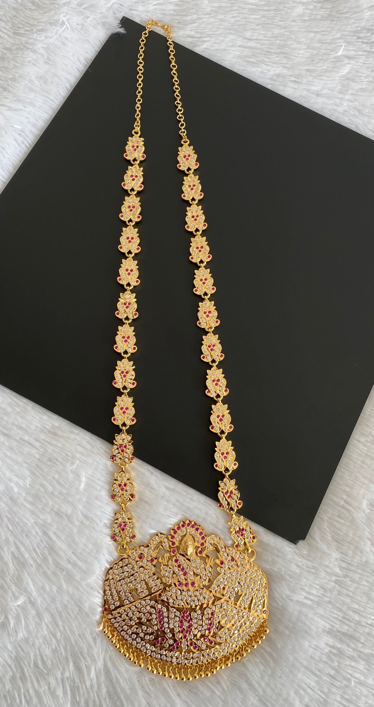 Gold tone south indian style grand AD pink-white gaja lakshmi haar dj-53255