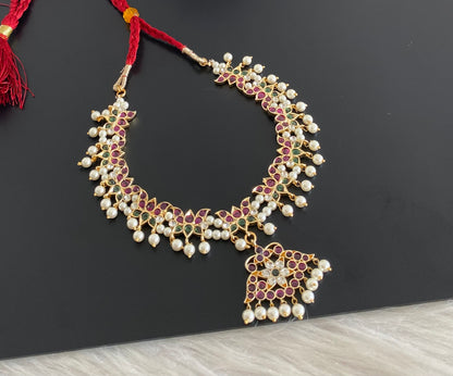 Gold tone precious kemp-green-white pearl lotus necklace dj-54715