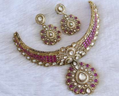 Antique gold tone ruby kundan flower choker necklace set dj-53027