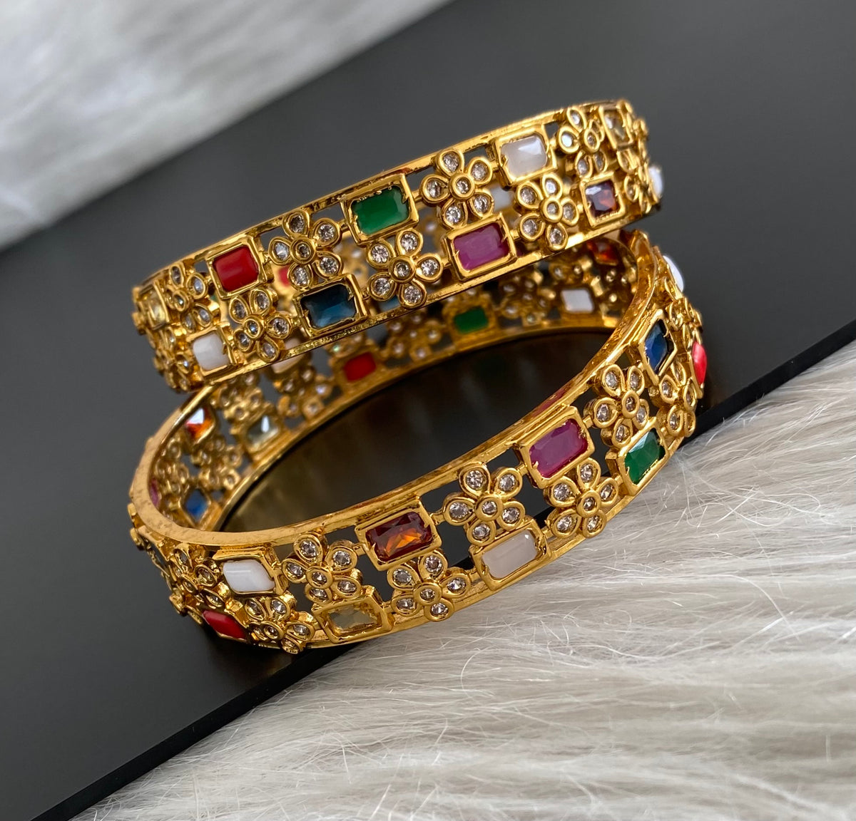Antique gold tone navarathna square stone bangles(2.10) dj-55171
