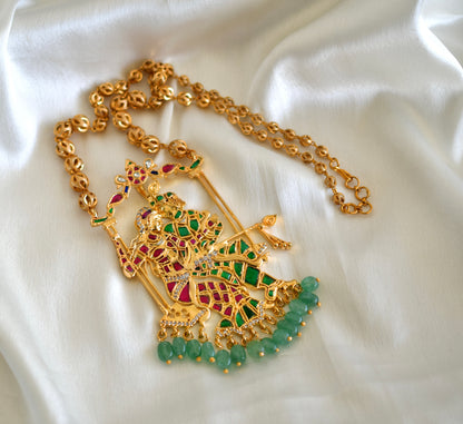 Gold tone pink-green kundan jadau Radhe-Krishna pendant necklace dj-52603