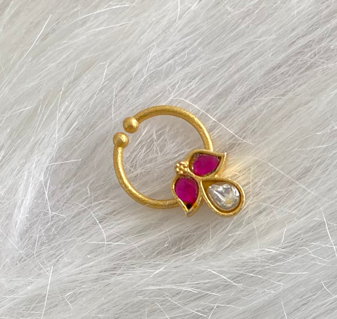 Gold tone kundan jadau pink-white stone nose pin/bulakku dj-53771