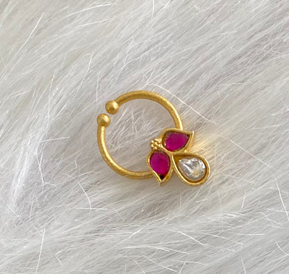 Gold tone kundan jadau pink-white stone nose pin/bulakku dj-53771