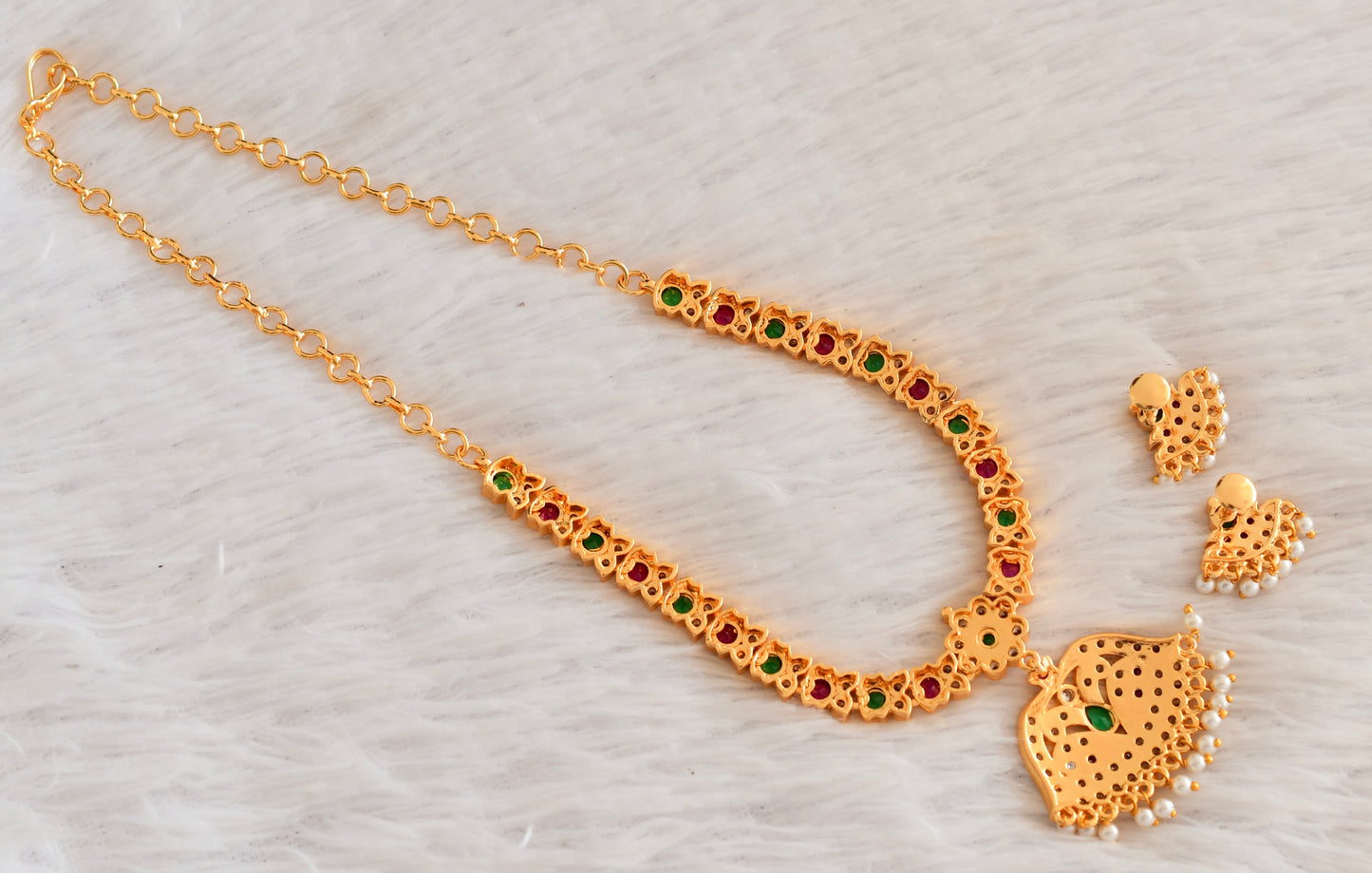 Gold tone AD pink-green stone south Indian style necklace set dj-53299