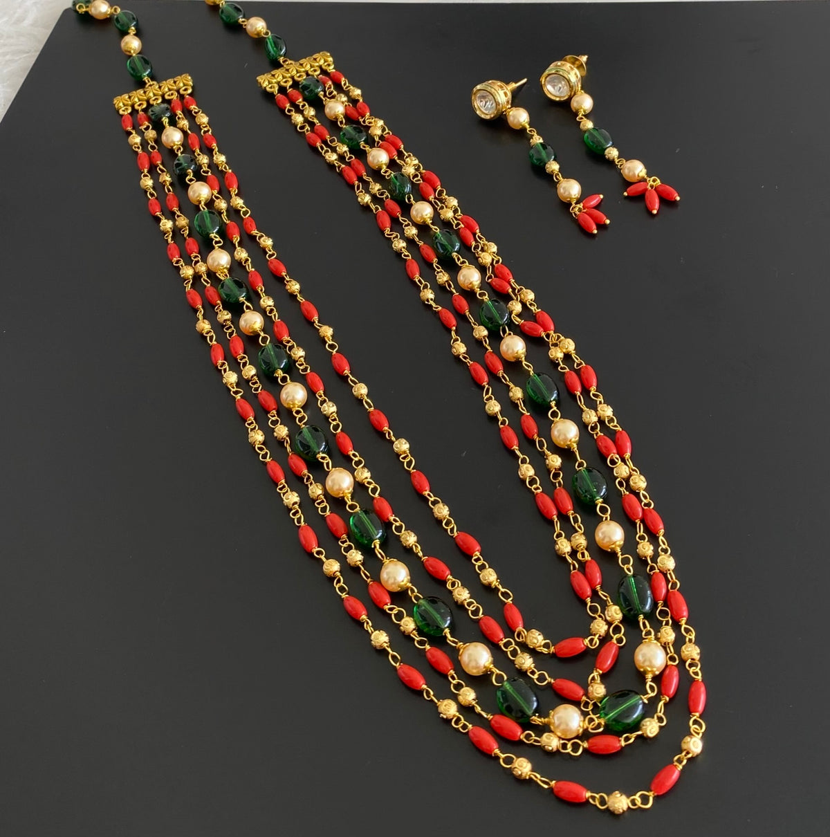 Antique gold tone multilayer coral-green beaded necklace set dj-54985