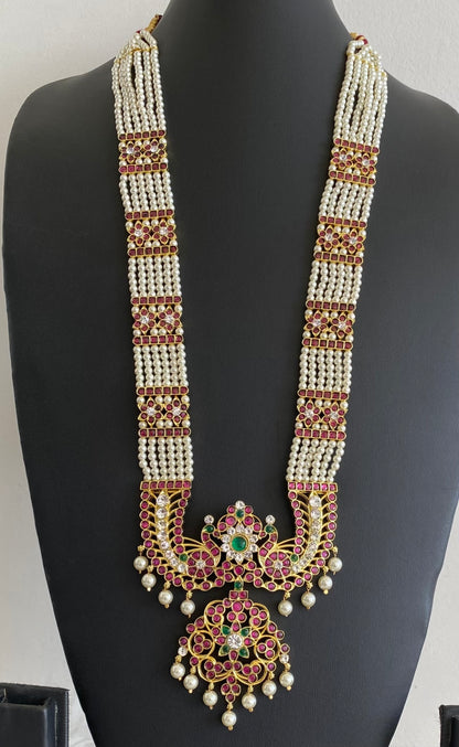 Gold tone precious kemp-green-white pearl flower peacock haar dj-55146