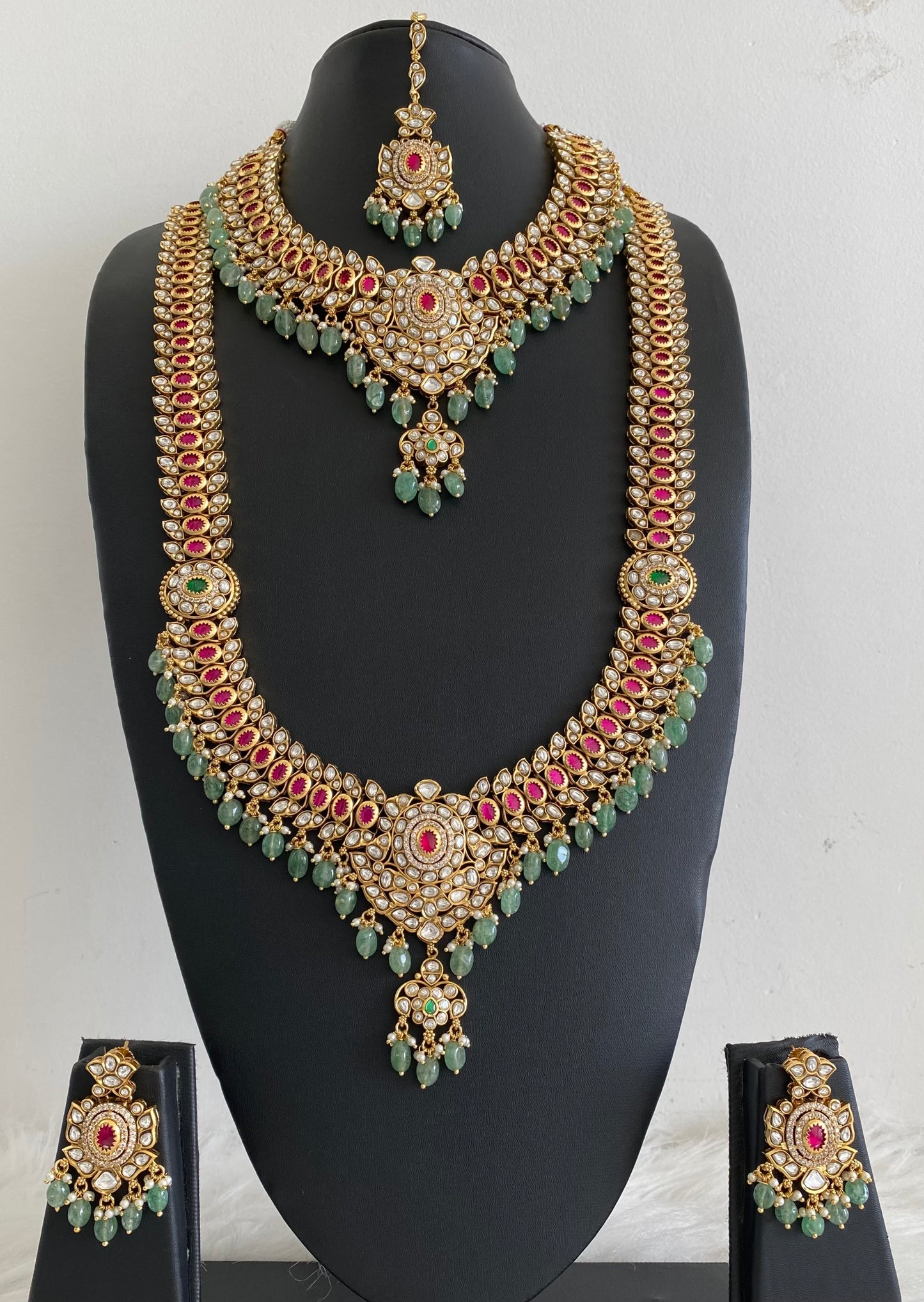 Antique gold tone kundan jadau green beaded bridal set dj-54599